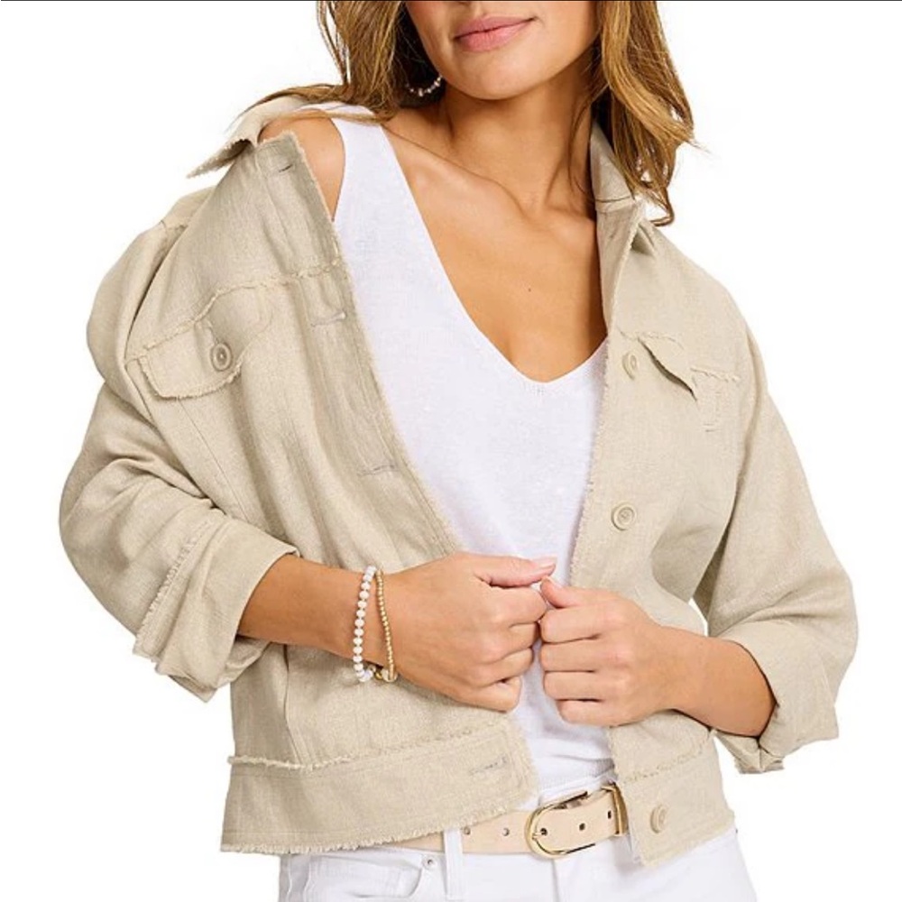 Tommy Bahama Two Palms Linen Metallic Point Collar Long Sleeve Raw Hem Jacket